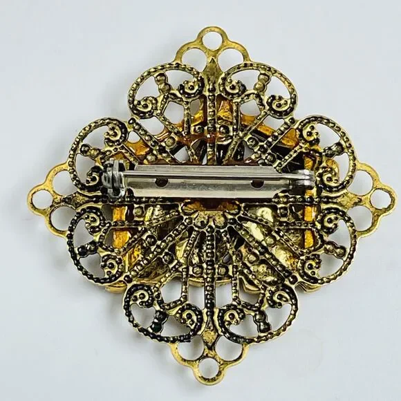 Vintage Nativity Scene Brooch Pin Gold Tone Filigree Christmas Religious Jewelry - Picture 3 of 4